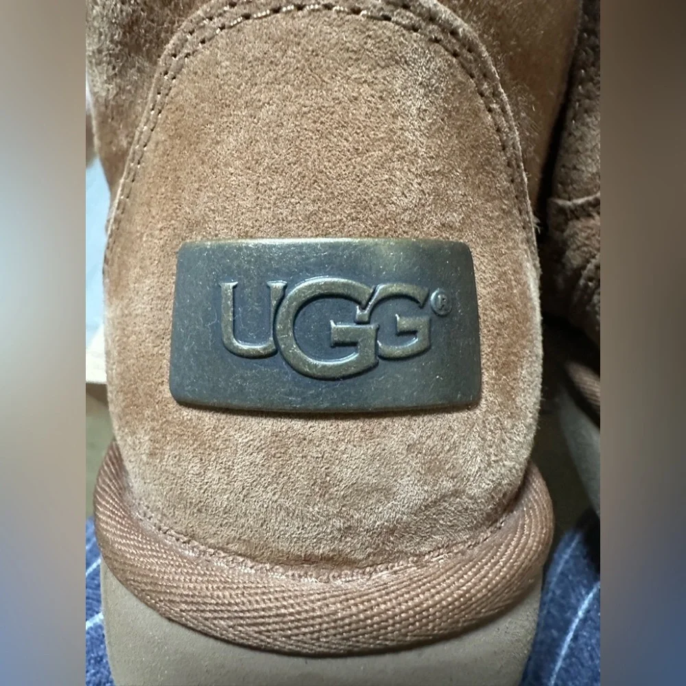 UGG Chestnut Suede Boots, worn one time, Rugged nonslip soles, Metal Ugg plate - Picture 11 of 14